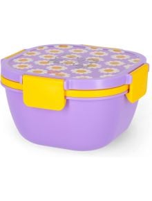 Кутия за храна Legami - Daisy, 1,7 л: кръгла, лилава пластмасова кутия с жълти закопчалки и капак с бели и жълти маргаритки.