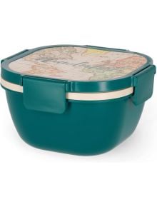 Зелена пластмасова Кутия за храна Legami - Travel, 1,7 л., с бежови акценти и сигурни ключалки, с дизайн на световна карта на капака.