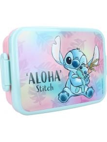 Пастелен цвят Vadobag Stitch Кутия за храна от книжарница Orange с изображение на Stitch, който държи ананас и намига, с текст "ALOHA Stitch" отпред. Розови и сини листа украсяват фона.