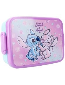 Вадобаг Stitch кутия за храна в пастелен цвят с лилави ръбове, с анимационни герои Stitch и Angel, които се усмихват един на друг на розов и син фон със сърца, цветя и планети - предлага се в книжарница Orange.
