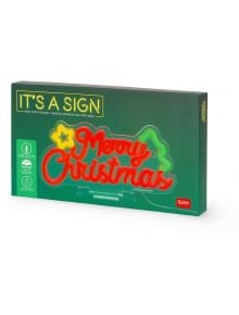 В зелена кутия е показан Лампа Legami It's A Sign - Merry Xmas неонов ефект LED табела с червен надпис "Merry Christmas", звезди и форми на дървета. На опаковката са показани икони, информация за продукта и марката Legami в долния десен ъгъл.