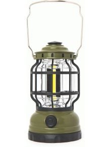 Маслиненозелен и черен къмпинг LED фенер с прозрачен корпус, видима LED светлинна лента вътре, защитна метална решетка, кръгло копче за управление на основата и здрава дръжка за носене - идеален за приключения на открито от книжарница Orange.