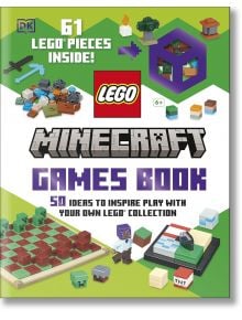 Корица на книгата "LEGO Minecraft игри", на която са изобразени фигурки от LEGO Minecraft, блокчета, лилаво кубче и текст: Включва 61 фигурки LEGO! Плюс 50 идеи, които да вдъхновят творческите игри - идеални за семейни занимания със собствените ви LEGO ту