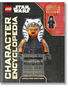 Корицата на LEGO Star Wars Character Encyclopedia Updated Edition показва голяма LEGO минифигурка на Асока Тано и подчертава стикер за ексклузивна минифигурка на император Палпатин за колекционери.