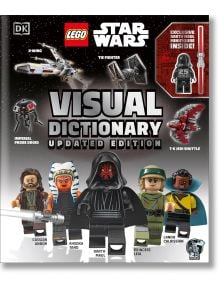 Корица на актуализираното издание на Визуалния речник на LEGO Star Wars, представящ минифигури като Касиан Андор, Ашока Тано, принцеса Лея, Ландо Калрисиан, космическия кораб "Хилядолетният сокол" и включващ ексклузивна минифигура на Дарт Мол.
