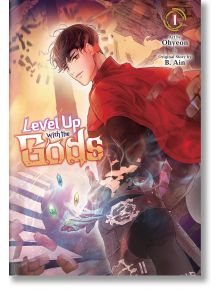 Млад мъж в червена пелерина стои в рушаща се мистична кула, заобиколен от плаващи кристали. На корицата на Level Up with the Gods, Vol. 1 е изобразен неговият напрегнат поглед, който гледа назад.