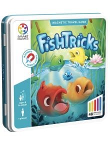 Квадратна метална кутия за Логическа игра Smart Games: Палави рибки, магнитна пъзел игра, показва цветни анимационни рибки. В опаковката са отбелязани 48 предизвикателства за възраст над 5 години, с елементи в синьо, жълто, червено и зелено.
