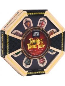 Осмоъгълна кутия за пъзели с надпис Knights of the Round Table Logic Puzzles by Professor Puzzle, с рицарски щитове, обграждащи средновековна кръгла маса. Тази логическа игра ви предизвиква да поставите правилно всеки рицар. Предлага се в книжарница Orang