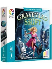 Корица на кутията за Логическа игра Smart Games: Гробищна смяна показва русо момиче в розово, което бяга от скелети и черна котка в нощно гробище. Страховита пъзел игра за 1 играч - раздвижване на мислене с интересни мозъчни пъзели за деца!.