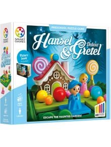 Кутия на логическа игра Smart Games: Хензел и Гретел с цветно игрално поле, фигури, бонбонени елементи и къщичка от джинджифил. Включва книжка с картинки и 60 предизвикателства - идеален пъзел за деца!.