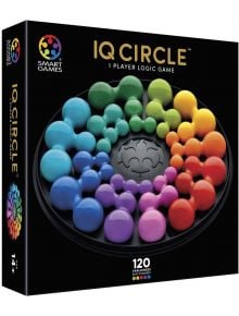 Кутия за IQ Circle логическа игра от Smart Games, показваща цветни, свързани помежду си кръгли фигури, подредени в спирала на черен фон. Предлага се в книжарница Orange; за възрасти 14+ и включва 120 предизвикателства.