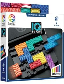 Логическа игра Smart Games: IQ Flow - 1-играчкова логическа игра за възраст 7+, с цветни вълнообразни части в кутия и посочени 120 предизвикателства отпред вдясно.
