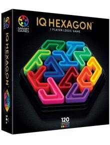 IQ Deluxe Hexagon логическа игра с цветни, взаимосвързани парчета пъзел върху тъмна шестоъгълна дъска. Логото на Smart Games, 120 предизвикателства и възраст 14+ са изписани на кутията.