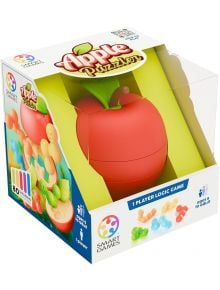 Кутия "Логическа игра Smart Games: Пъзел в ябълка" - голям червен пъзел във формата на ябълка с цветни елементи, за възраст 6+, предлагащ 80 самостоятелни логически предизвикателства.