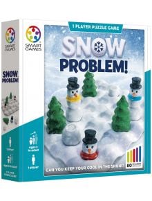 Корица на кутията на Логическа игра Smart Games: Снежният проблем, на която е изобразена заснежена дъска за пъзели със снежни човеци и дървета. Идеална за развиване на пространствено мислене, тя предлага 80 предизвикателства за 1 играч на възраст над 8 го
