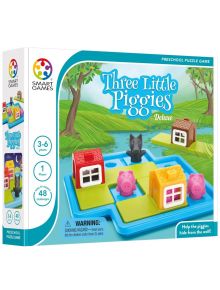 Кутията на логическата игра Smart Games: , Deluxe съдържа прасенца и къщички върху синьо-зелена дъска, с фигура на вълк; пъзел за деца 3-6 г., 1 играч, 48 предизвикателства.