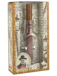 3D пъзел Професор Пъзел Great Minds - Пурата и бутилката с уиски на Чърчил е логически пъзел в кутия със стъклена бутилка, дървена пръчка, метални болтове, винтидж опаковка на карта и снимка на Чърчил.