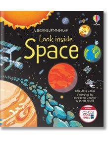 Корицата на Look Inside Space показва ярки илюстрации на планети, слънце, астронавт и космическа станция на звезден черен фон. Освен това на корицата са изобразени стикери с награди и имената на авторите.