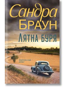 Класически син автомобил се движи по криволичещ селски път през златни полета под облачно небе. Удебеленият текст на български език гласи: Лятна буря - един незабравим роман.