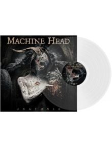 Обложка на албума Machine Head - Unatøned (VINYL): тъмна, напукана статуя с череп на овен и рога стои до ангелска фигура, а прозрачният винил загатва за стила на групата groove metal.