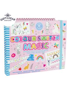 Ярка Магическа книжка Floss & Rock - Fairy за оцветяване и рисуване с еднорози, дъги и животни, спираловидна подвързия, синьо райе, творчески идеи и значка "Подарък на годината 2025" в горния ляв ъгъл.