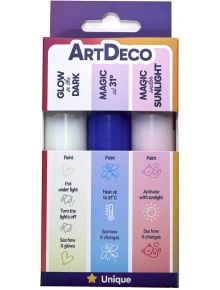 Магически 3D маркери Art Deco, 3 бр.-Glow in the Dark, Magic at 31°C and Magic with Sunlight-се предлагат в цветна кутия с икони и инструкции, идеални за уникални ефекти.
