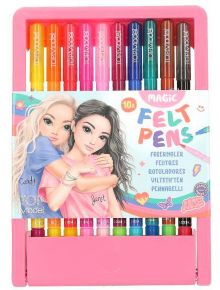 Комплект от 10 броя Магически двупосочни флумастери Top Model в розов калъф с илюстрирана корица на две прегръщащи се момичета. На опаковката е написано MAGIC FELT PENS и са показани маркерите в ярки цветове.