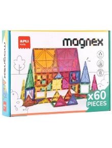 Кутията на Магнитен конструктор Apli Kids Magnex, 60 части показва цветна геометрична структура, подчертава "60 части" и различни геометрични форми - идеална за STEAM обучение.