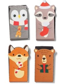 Комплектът Магнитни книгоразделители Kikkerland - Горски животни с подаръци, 4 бр., е чудесен коледен подарък с илюстрации на бухал, енот, лисица и мече в празничен стил.