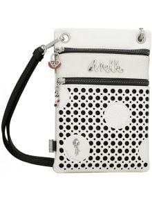 Малка дамска чанта Anekke Alma за през рамо (15x23x2 см) - бяла с черни точки, два предни ципа, сребристо лого, малък сърцевиден висулка и подвижна черна дръжка.