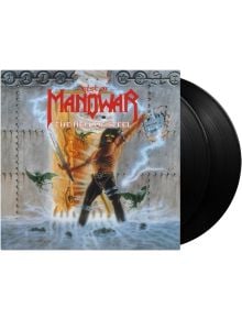 Обложка на албума Manowar - Best Of Manowar The Hell Of Steel (2 VINYL), изобразяваща мускулест воин, вдигнал меч на фона на светкавици и митични същества, с частично видими две черни винилови плочи.