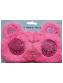 Розова, пухкава маска за сън от Miquelrius с форма на мечешко лице с блестящи затворени очи и уши. Опаковка: "Маска за сън Miquelrius Back2Fun - Мечка", Пухкава маска за очи, Антифаз пелухе.