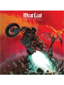 На обложката на Meat Loaf - Bat Out of Hell (VINYL) е изобразен мъж на мотоциклет, който излиза от гробище, с огромен прилеп върху мавзолей и огнено небе на заден план.