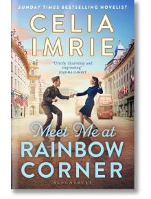 Корицата на книгата "Meet Me at Rainbow Corner" представя мъж в униформа и жена, които танцуват на лондонска улица с флагове Union Jack, червен автобус и синьо небе.