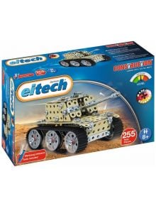 Метален конструктор Eitech - Танк, 255 части, подходящ за деца над 8 години. Кутията показва сглобения модел танк и отбелязва, че инструментите са включени.