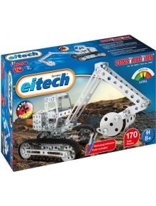 Кутията на Метален конструктор Eitech - Верижен багер, 170 части, показва метален багер с подвижна ръка и вериги. Подходящ за деца 8+, средно ниво, включени инструменти. Произведено в Германия.