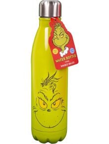 Метална бутилка Fizz Creations - The Grinch: Зелена, двойностенна, с изображение на Гринч и червен етикет с втора Гринч физиономия и надпис WATER BOTTLE 500ML DOUBLE WALLED.