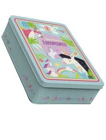 Метална кутия: Царството на еднорозите" е светлосиня кутия с еднорози, цветя, дъга и текст на кирилица върху капака - идеална за творчески комплект за деца.