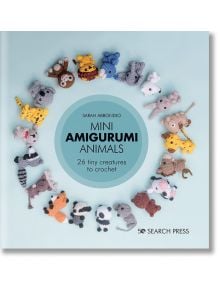 На корицата на книгата са изобразени малки животни на една кука, които обикалят синьо заглавие. Книгата за плетене на една кука "Mini Amigurumi Animals" на Сара Аббондио предлага 26 малки същества за изработване, издадена от Search Press.