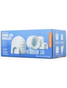 Синьо-бяла опаковка на Мини формички за лед Kikkerland - Иглу, 120 кубчета, с изображения на формички и ледени кубчета. Текстът подчертава храна-безопасен силикон и инструкции с лесни илюстрации.