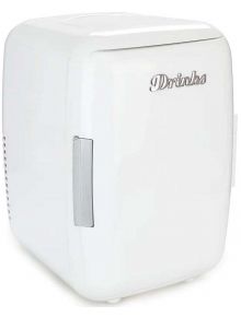 Мини хладилник Balvi, бял - компактен ретро модел с хромирана дръжка и надпис Drinks; охлажда и затопля според нуждите ви.