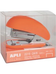 A мини телбод Apli Fluor, асортимент, оранжев, е показан в прозрачна кутия с етикет APLI staples и съдържа 1000 телчета размери 22/6 и 24/6.