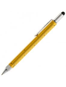 Многофункционалната химикалка Miquelrius Tool Moustard е жълта и включва вградена линийка с черни обозначения, сребърен клипс, накрайник за писане и накрайник за писане с топка за многофункционална употреба.