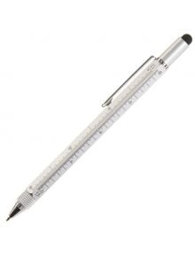 Многофункционална химикалка Miquelrius Tool Silver с линийка върху корпуса, метална щипка, черен стилус на единия край и прибиращ се писец от другата страна.