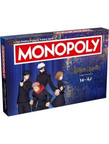 Монополи - Jujutsu Kaisen настолна игра кутия изобразява четирима аниме героя в тъмни униформи на син фон. Подходяща е за възраст 14+.