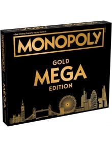 Кутията на Монополи - Mega Gold Edition е с елегантен черен фон и ярък златен текст, на който е изобразен силуетът на Лондон, включително Лондонското око и Биг Бен. Тази изключителна настолна игра е първокласно английско издание.