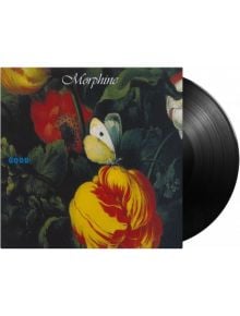 Обложка на албума Morphine - Good (VINYL), с близък план на цветни цветя, бяла пеперуда и част от черна винилова плоча вдясно. Надписът "GOOD" е изписан със син текст, отразяващ алтернативното рок излъчване на албума.
