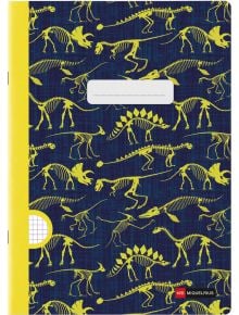 Тетрадка Miquelrius Mini Fossil A4 с 48 листа и малки квадратчета, с тъмносиня корица, украсена с жълти илюстрации на скелети на динозаври, бял етикет в центъра, жълт гръб и малък квадратен десен край — идеален избор, ако търсите тетрадки A4 с качествена 