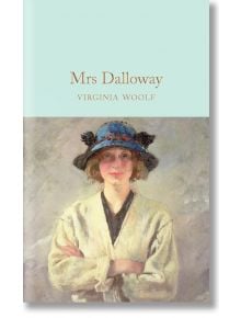 На корицата на "Госпожа Далоуей" (Macmillan Collector's Library) е изобразена жена в бяло палто и синя шапка с черни пера на мек, светъл фон.
