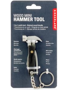 Мултифункционален инструмент Kikkerland - Чук е компактен ключодържател с дървена дръжка и метални приставки, предлагащ 7 функции като чук, клещи, нож и отварачка. Опакован е на карта.